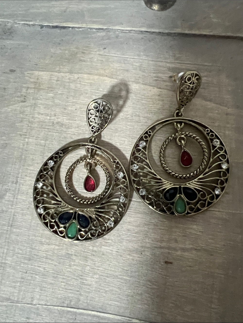 Gold-Tone Filigree Hoop Earrings with Red, Blue, and Green Stones - Picture 7 of 7